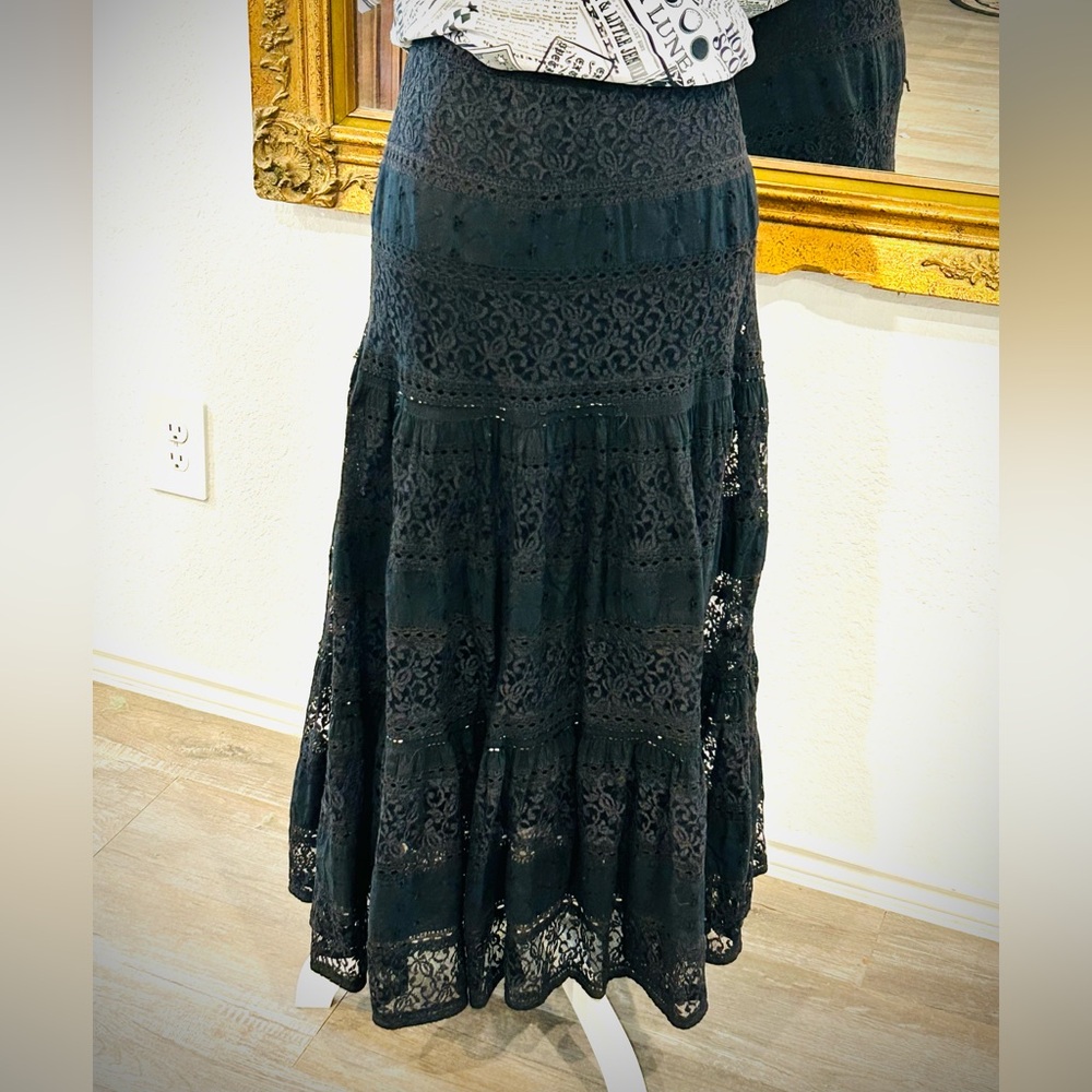 Witchy Tiered Black Lace Maxi Peasant Skirt Sz Large whimseygoth gypsycore